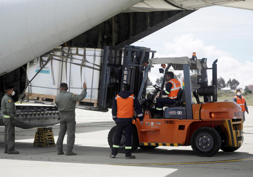 Image: China's Sinopharm vaccine arriving in La Paz, Bolivia, in February. (David Mercado / Reuters file)