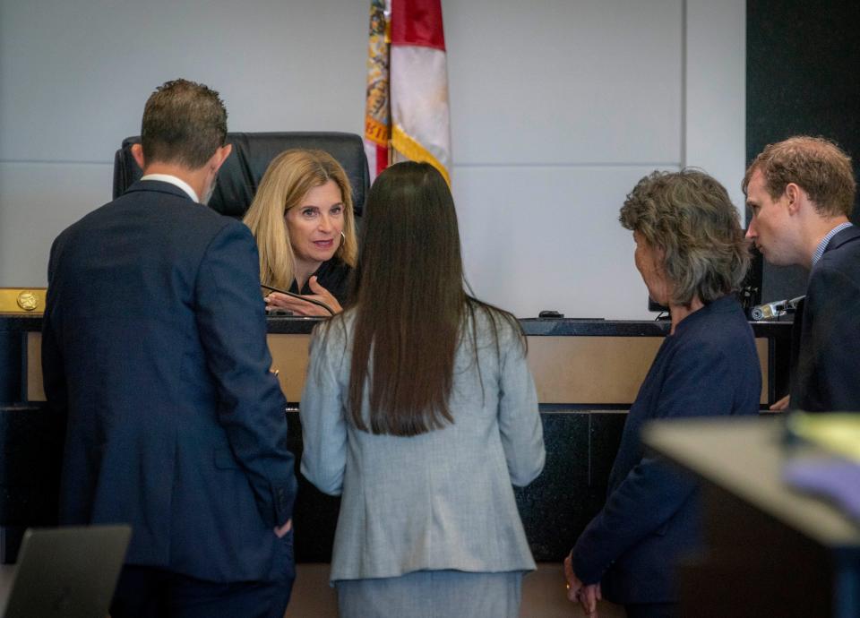 Circuit Judge Daliah Weiss talks to council during court in Palm Beach County Courthouse in West Palm Beach, Florida on May 4, 2021.