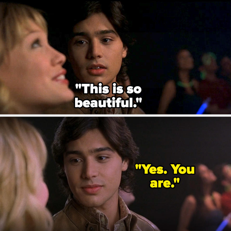 Lizzie (looking up): "this is so beautiful." paolo (looking at her): "yes, you are"