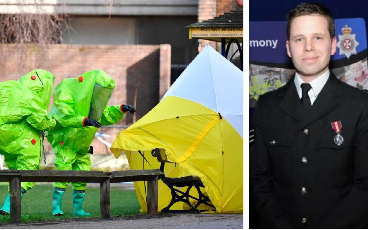 Detective Sergeant Nick Bailey (right) and the bench on which Sergei Skripal and his daughter Yulia were found (left) - PA/AFP