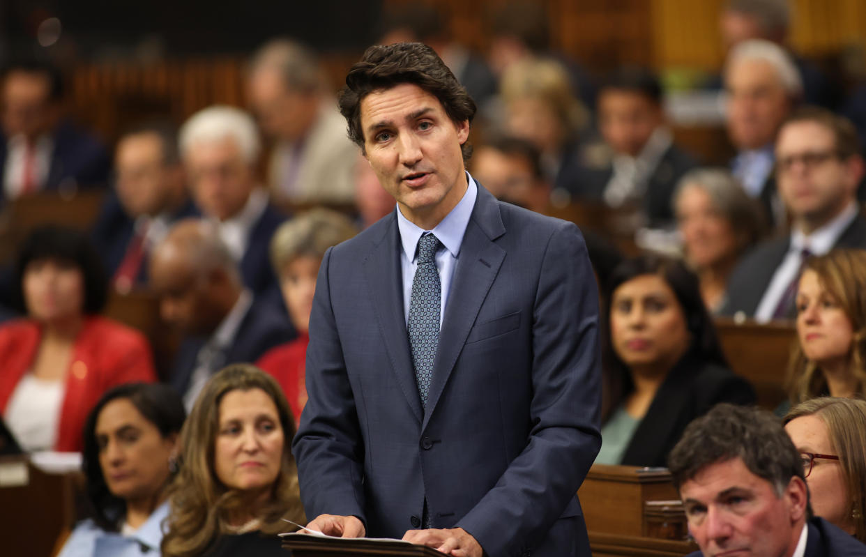 Prime Minister Justin Trudeau makes a statement on Israel and Gaza in the House of Commons on Parliament Hill in Ottawa, Monday, Oct. 16, 2023. THE CANADIAN PRESS/ Patrick Doyle