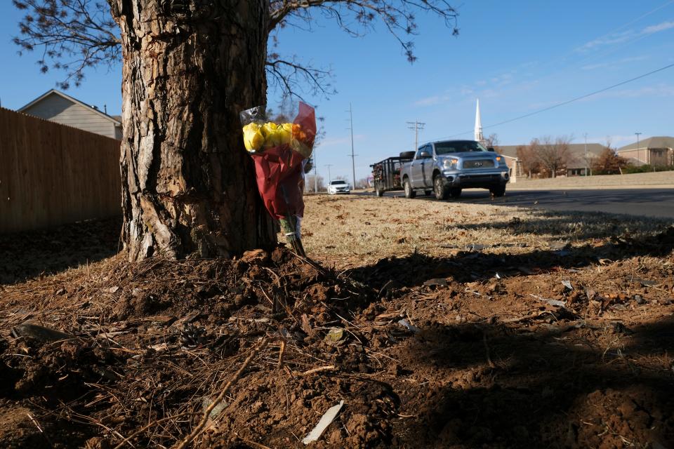 A lone bunch of flowers was placed against a tree as a memorial for a fatality accident involving a Westmoore High School student. The accident occurred Thursday around noon near SW 134 and Pennsylvania Ave.