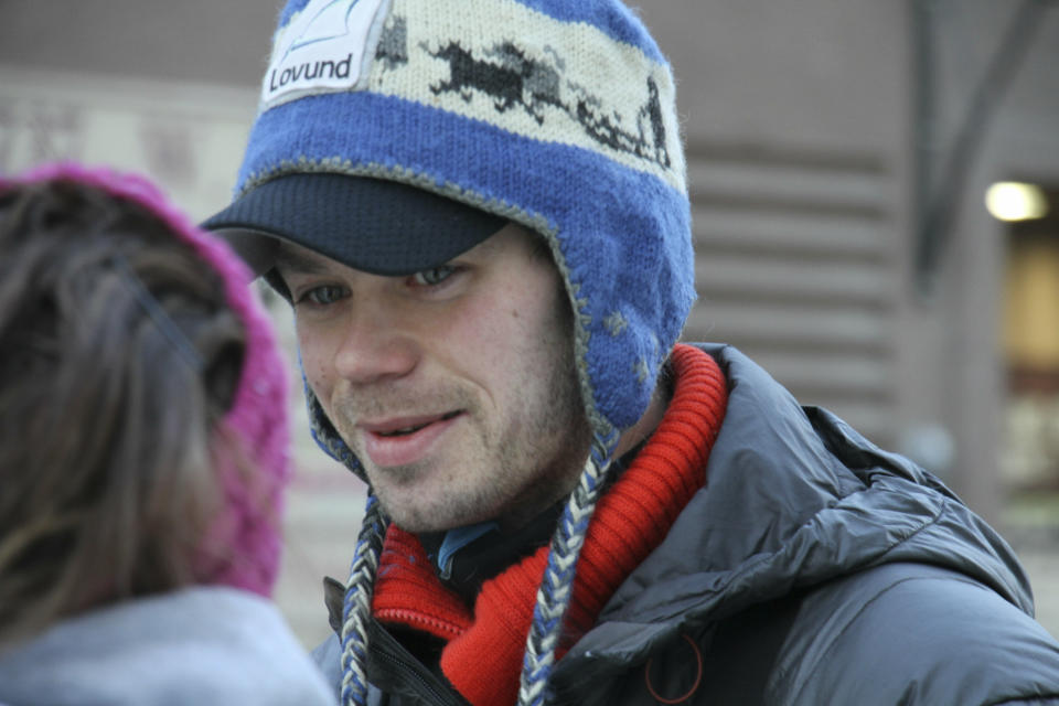 Iditarod Trail Sled Dog Race defending champion Joar Ulsom, of Norway, talks to fans before the ceremonial start of this year's race Saturday, March 2, 2019, in Anchorage, Alaska. Ulsom and 51 other mushers will officially start the race Sunday, March 3, 2019, in Willow, Alaska. (AP Photo/Mark Thiessen