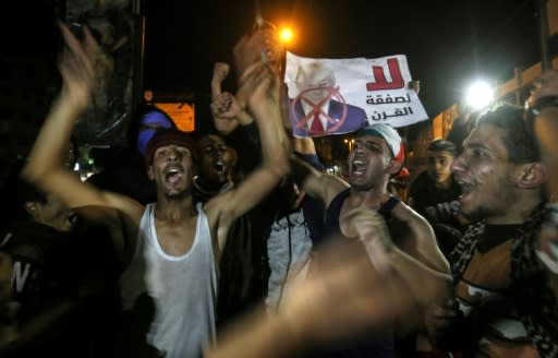 Palestinians demonstrate against the Trump plan in the southern Gaza Strip town of Rafah