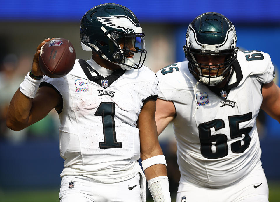 INGLEWOOD, CALIFORNIA – OCTOBER 08: Jalen Hurts #1 and Lane Johnson #65 of the Philadelphia Eagles at SoFi Stadium on October 08, 2023 in Inglewood, California. (Photo by Ronald Martinez/Getty Images)