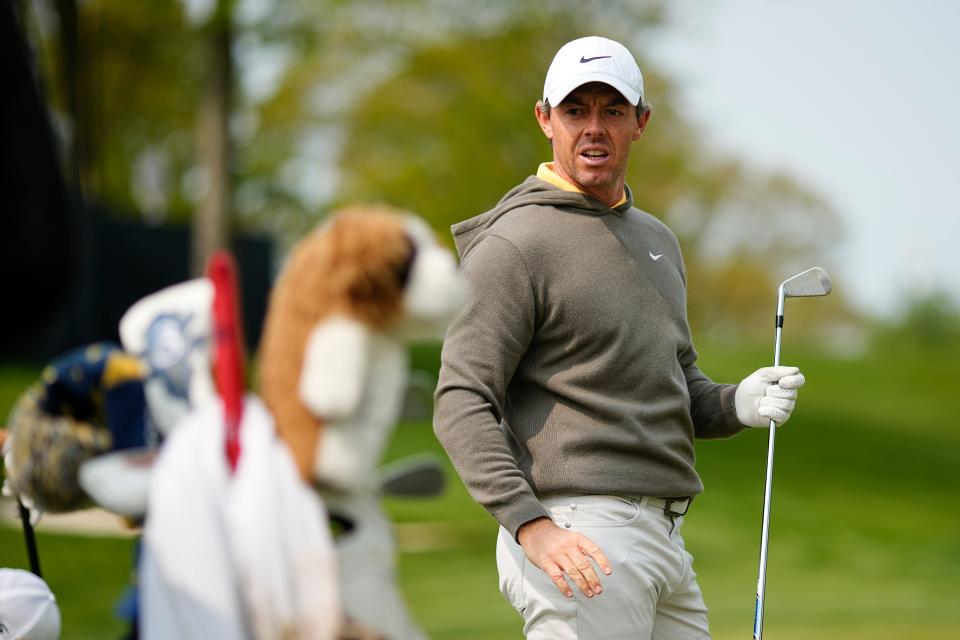 May 16, 2023; Rochester, New York, USA; Rory McIlroy works out on the driving range during a practice round of the PGA Championship golf tournament at Oak Hill Country Club. Mandatory Credit: Adam Cairns-USA TODAY Sports