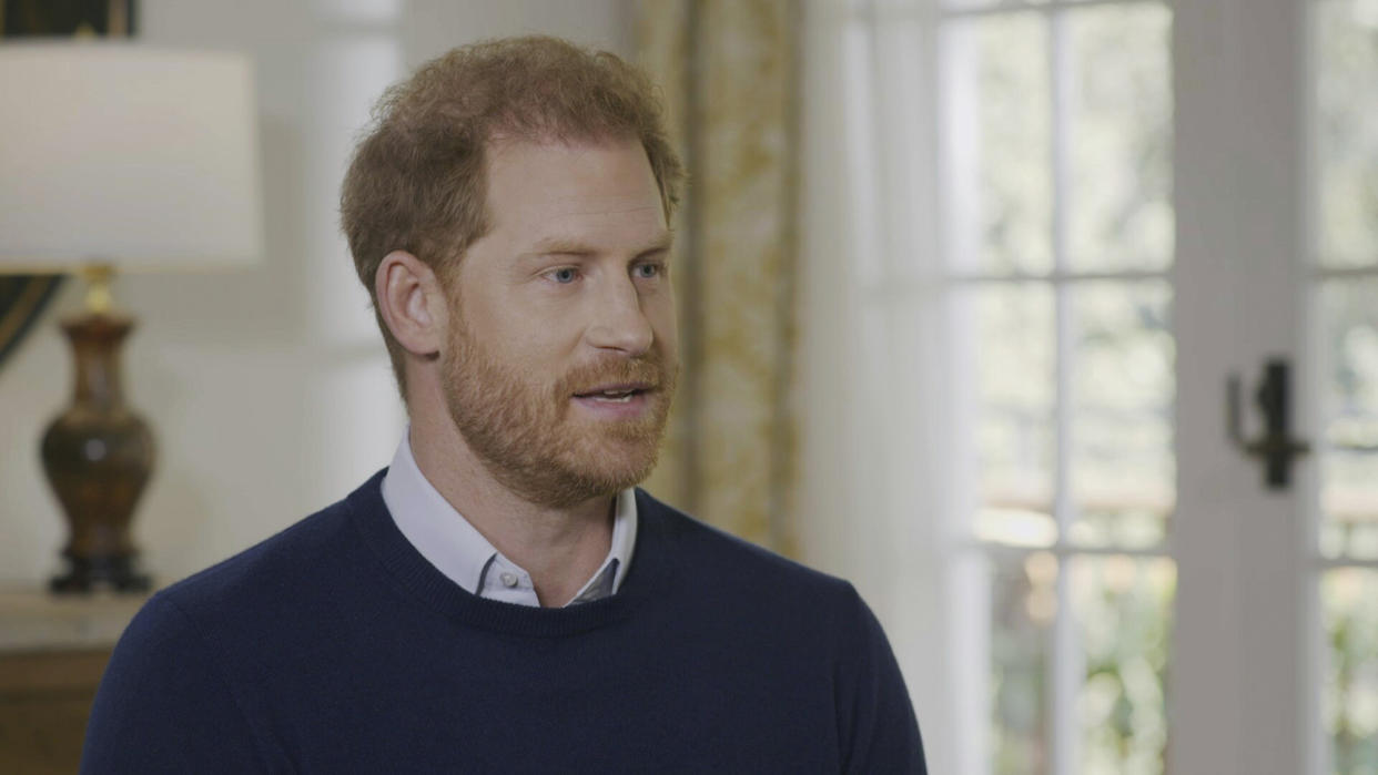 This undated screengrab issued by ITV on Friday Jan. 6, 2023 shows Britain's Prince Harry speaking during an interview with ITV's Tom Bradby for the programme Harry: The Interview. (Harry: The Interview on ITV1 and ITVX at 9pm on January 8/PA via AP)