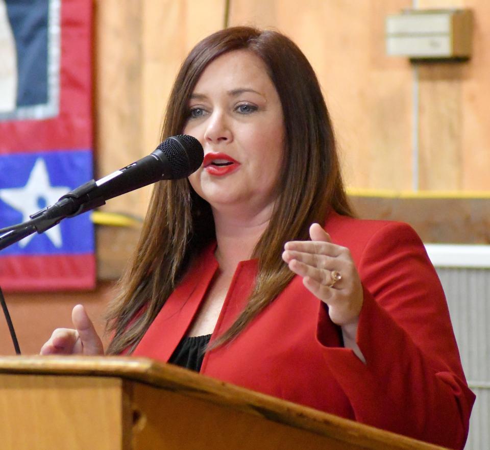 FILE - Kandiss Taylor of Baxley addresses the crowd at the Oct. 14 Republican Party Middle 12th District BBQ at the Cadillac Ranch in Sylvania, Georgia. Dr. Taylor, a veteran educator, ran for governor against incumbent Brian Kemp in the Republican primary.