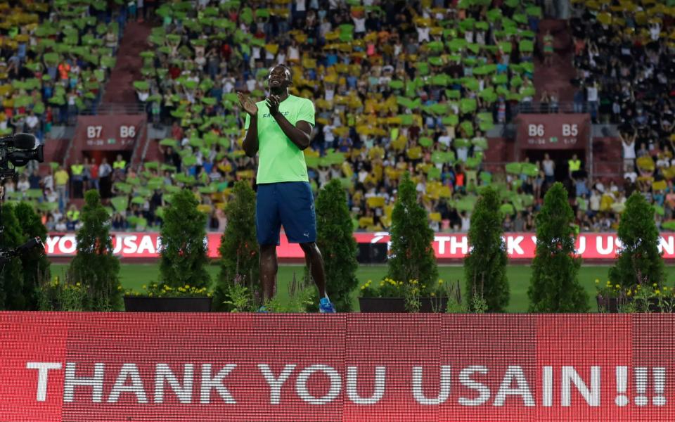 Usain Bolt from Jamaica greets the audience after the 100 meters men's event at the Golden Spike athletic meeting in Ostrava, Czech Republic, Wednesday, June 28, 2017 - Credit: AP