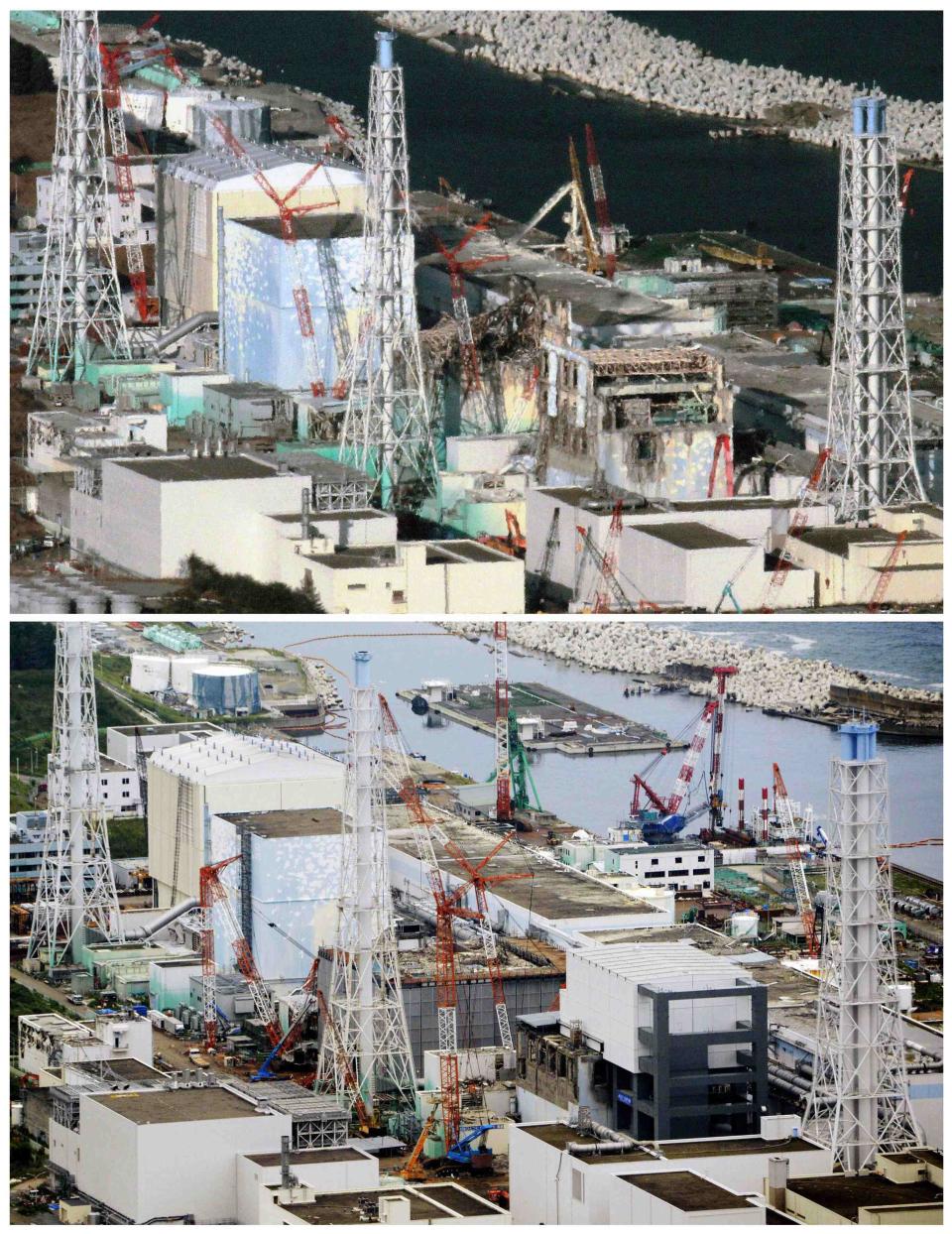 TEPCO's tsunami-crippled Fukushima Daiichi nuclear power plant in Fukushima prefecture is pictured in this combination photo