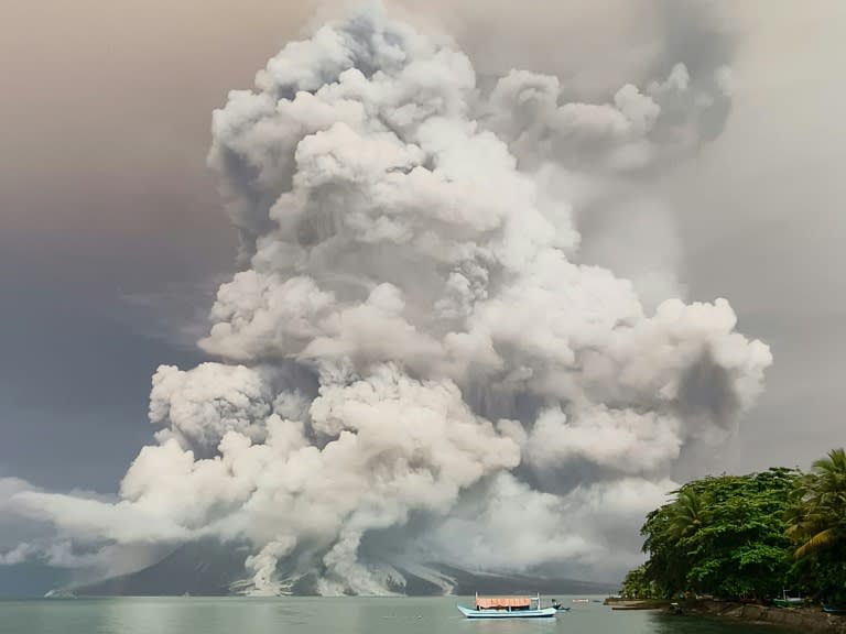 An eruption from Mount Ruang volcano is seen from neighbouring Tagulandang island (STR)