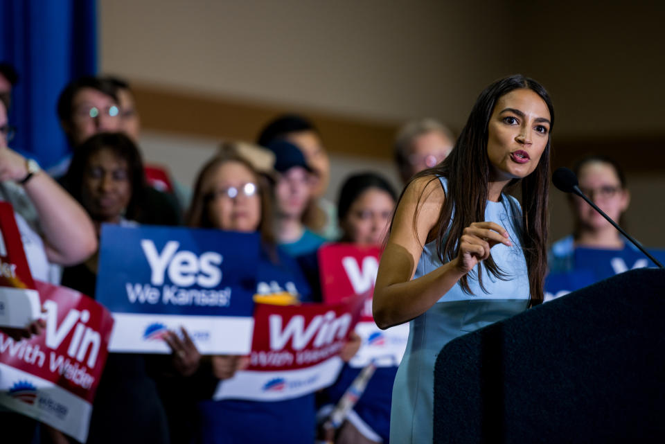 <span class="s1">Alexandria Ocasio-Cortez speaks in support of Brent Welder during a rally in Kansas City, Kan., on July 20. (Photo: Dan Videtich for the Washington Post)</span>