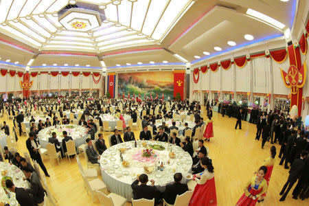 The Central Committee and Central Military Committee of the Workers Party of Korea hold a celebration for nuclear scientists and engineers who contributed to a hydrogen bomb test, September 2017. KCNA via REUTERS