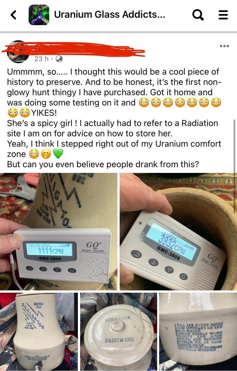 A Facebook post from a group called "Uranium Glass Addicts" shows a ceramic item tested for radiation levels. The user expresses surprise at the item's radioactivity