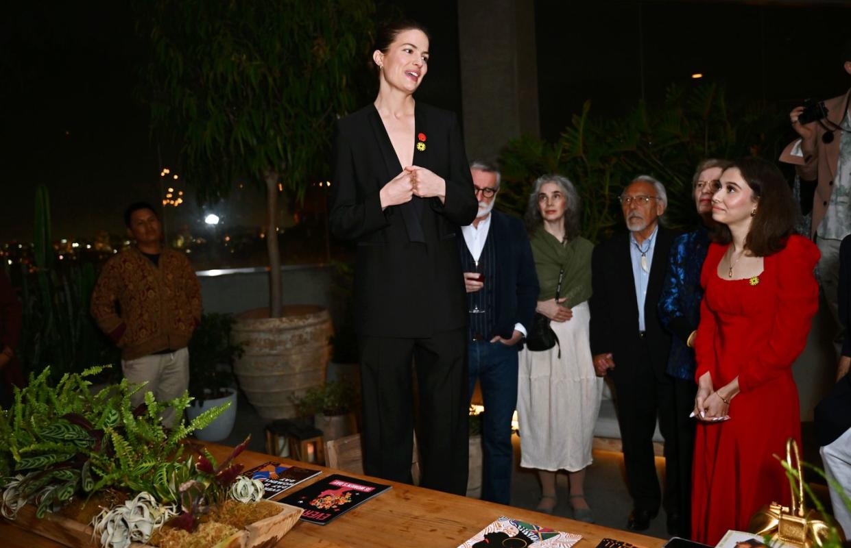 cameron russell speaks at the gcfa sharing the table cocktail event held at juniper garden at 1 hotel west hollywood