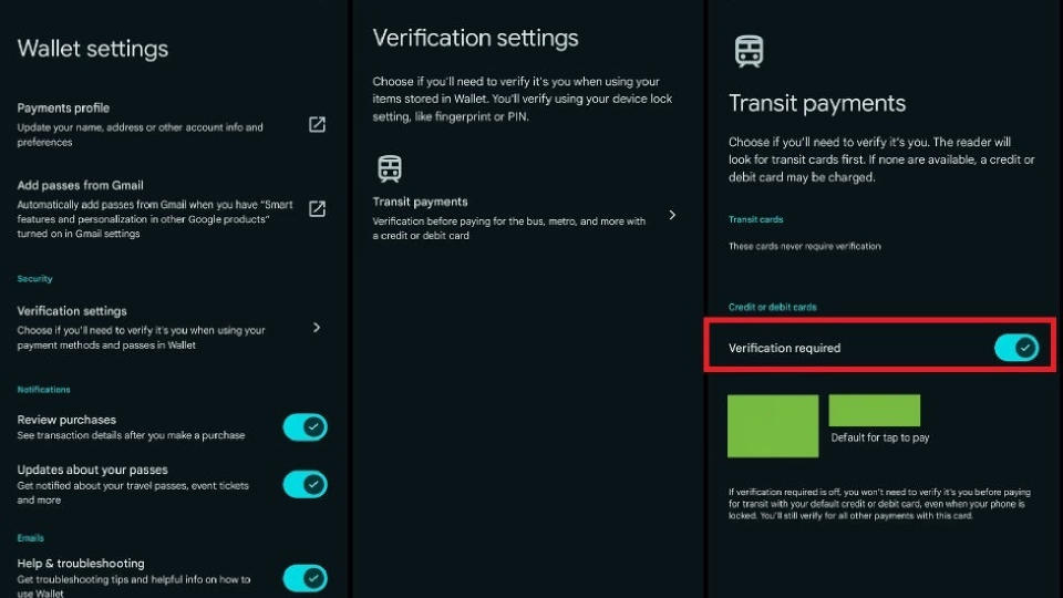 Screenshots of the new verification settings menu in Google Wallet