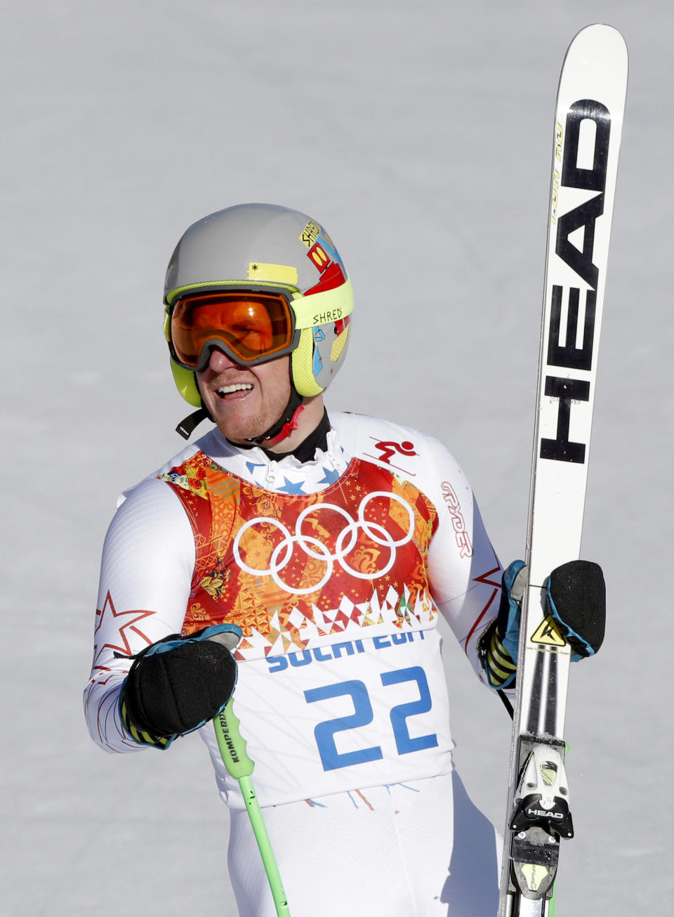 United States' Ted Ligety pauses after finishing the downhill portion of the men's supercombined at the Sochi 2014 Winter Olympics, Friday, Feb. 14, 2014, in Krasnaya Polyana, Russia. (AP Photo/Christophe Ena)