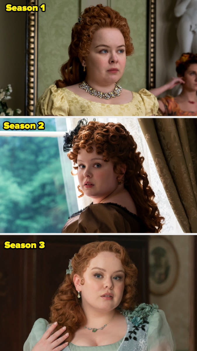 Three images of actress Nicola Coughlan as Penelope Featherington in different outfits from Seasons 1, 2, and 3 of "Bridgerton."