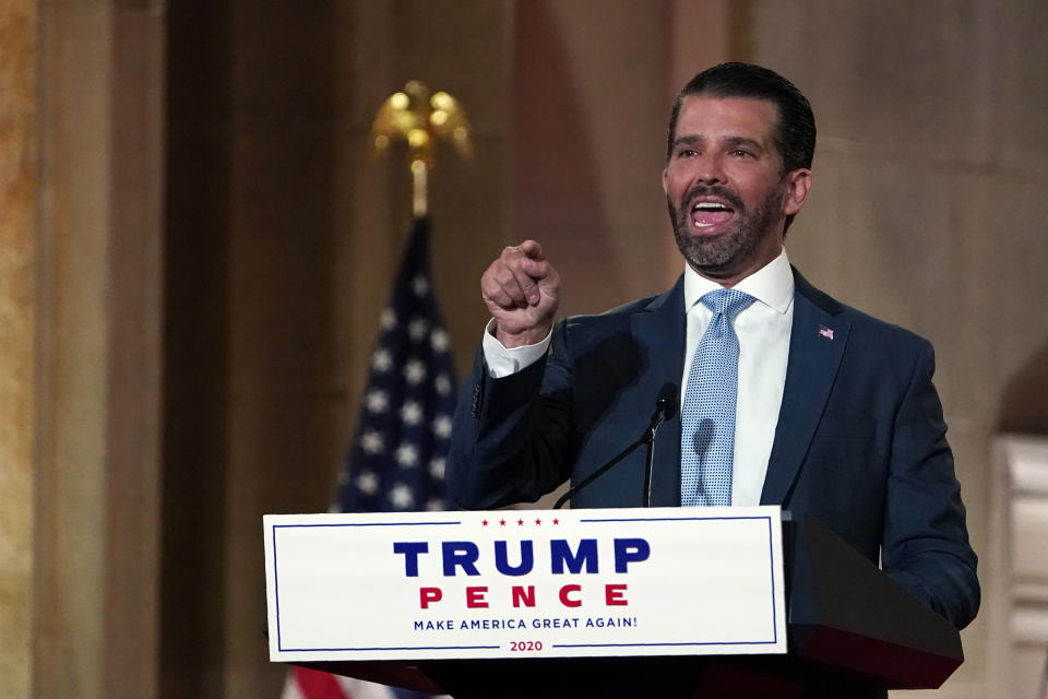 Donald Trump Jr., speaks as he tapes his speech for the first day of the Republican National Convention from the Andrew W. Mellon Auditorium in Washington, Monday, Aug. 24, 2020. (AP Photo/Susan Walsh)