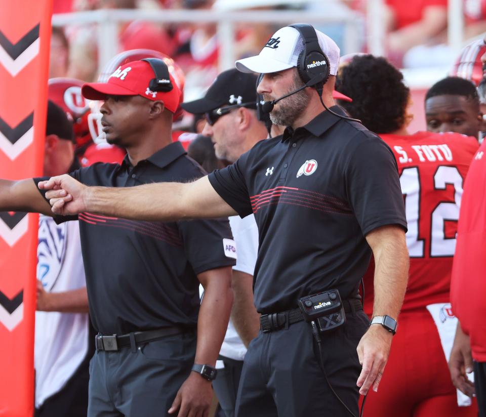 Utah Utes coach Morgan Scalley shouts instruction in Salt Lake City on Thursday, Aug. 31, 2023 during the season opener against Florida. The longtime defensive coordinator credits head coach Kyle Whittingham for building a staff of coaches who are good teachers, have an eye for talent and can develop it and manage it. | Jeffrey D. Allred, Deseret News