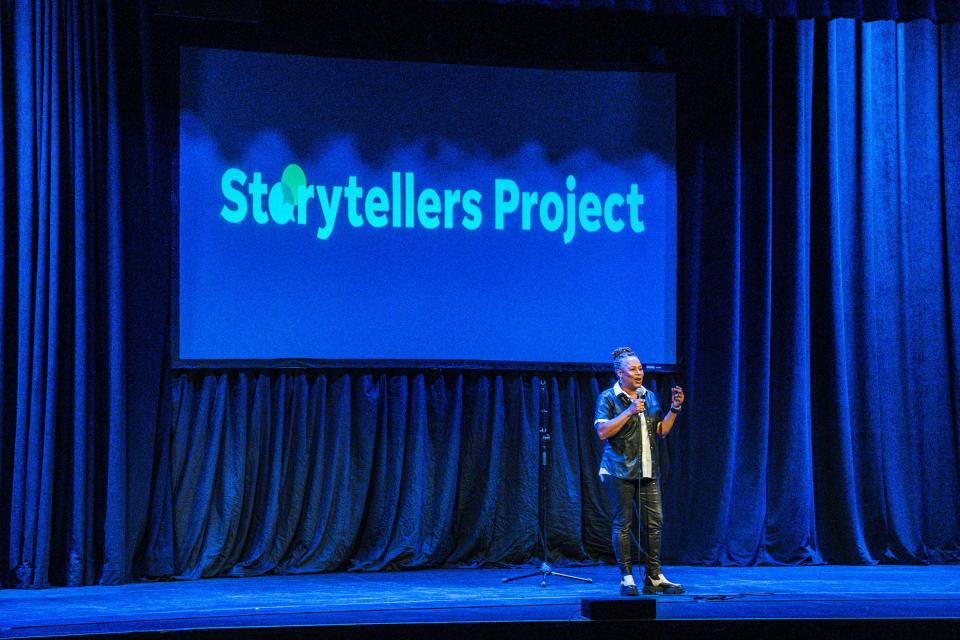 Sonya Jackson tells a story during the Des Moines Register Storytellers Project's "Family" show at Hoyt Sherman Place on Tuesday, October 24, 2023 in Des Moines.