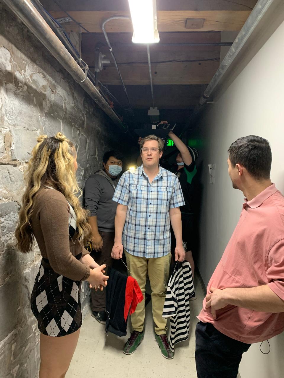 Chloe Skoczen (Courtney), John Carlo Rosillo (1st assistant camera), Orleans resident Joshua Koopman (Michael), Spencer Ortega (cinematographer), Jesse James Montoya (Corey) on the set of "Earlybird," a comedy film about community theater that will be available for screening starting this week.