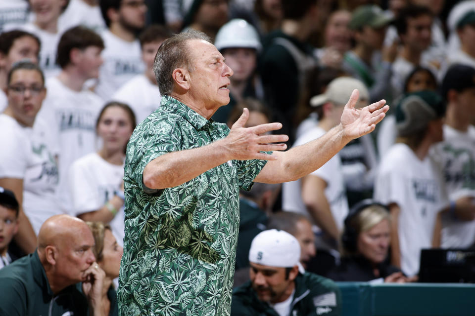 Michigan State coach Tom Izzo reacts during the second half of an NCAA college basketball exhibition game against Tennessee, Sunday, Oct. 29, 2023, in East Lansing, Mich. (AP Photo/Al Goldis)