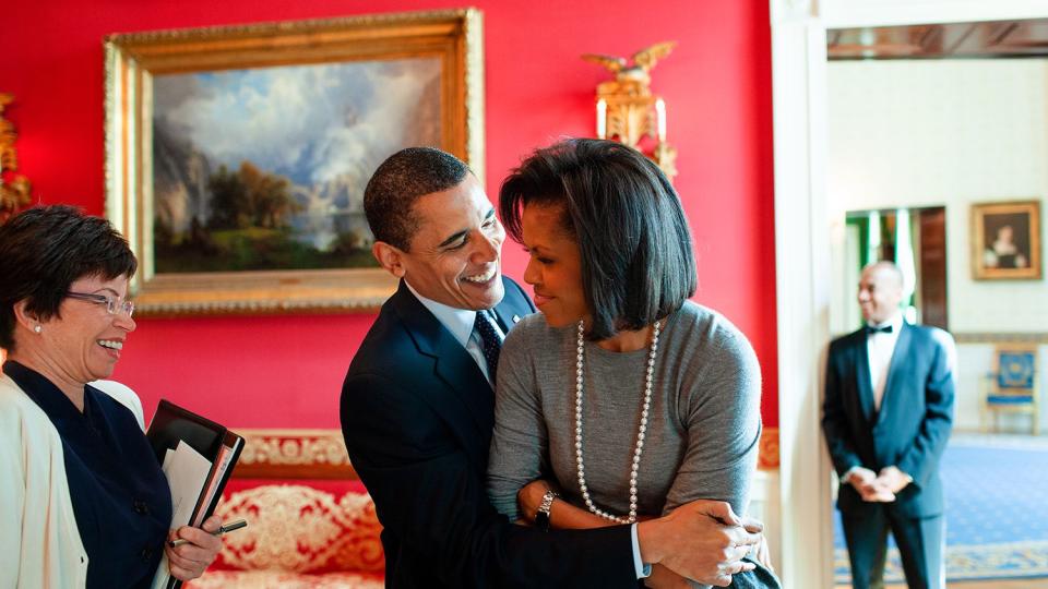 <p>In 2009, Barack hugged his wife while in the Red Room of the White House — which is also where they <a href="https://www.youtube.com/watch?v=iH1ZJVqJO3Y" rel="nofollow noopener" target="_blank" data-ylk="slk:gave their last interview to PEOPLE;elm:context_link;itc:0;sec:content-canvas" class="link ">gave their last interview to PEOPLE</a> as POTUS and FLOTUS in 2016.</p>