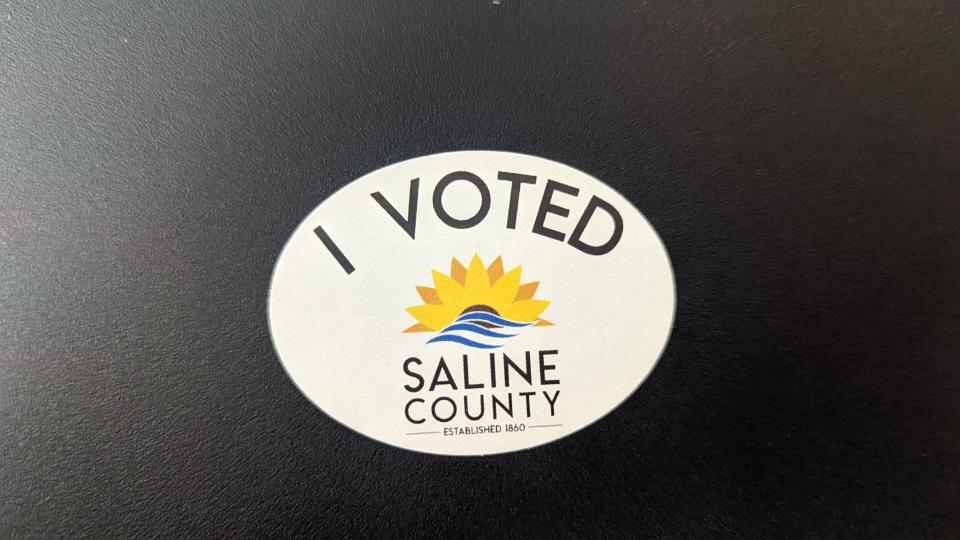 An "I Voted" sticker given out by the Saline County Election Office at the polls. The office is receiving a grant to enhance election security as required by the State of Kansas.