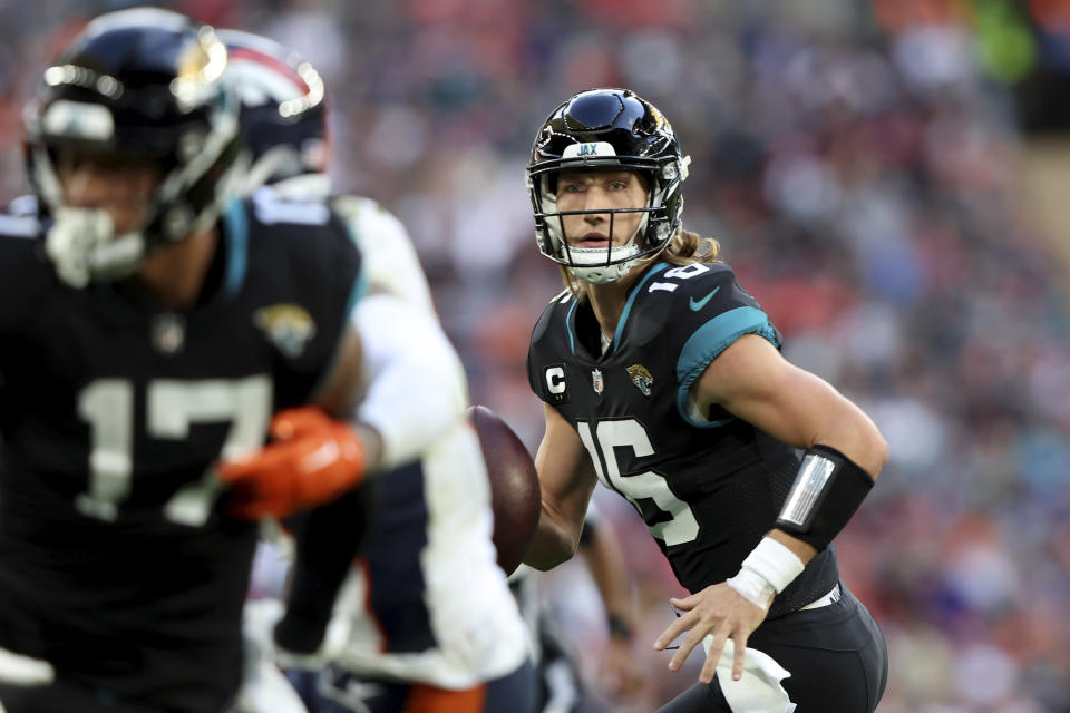 Jacksonville Jaguars quarterback Trevor Lawrence (16) during the NFL football game between Denver Broncos and Jacksonville Jaguars at Wembley Stadium in London, Sunday, Oct. 30, 2022. (AP Photo/Ian Walton)