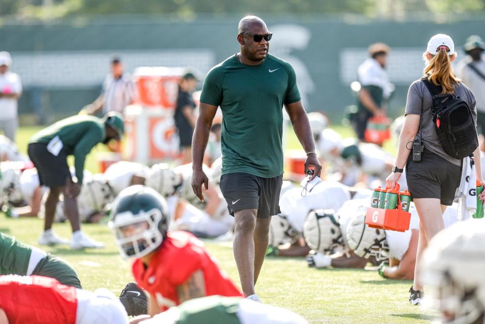 Michigan State football coach Mel Tucker looks on during practice on Wednesday, Aug. 9, 2023, in East Lansing.