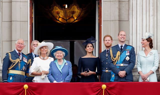 <p>Max Mumby/Indigo/Getty</p> The royal family on the balcony of Buckingham Palace in June 2018