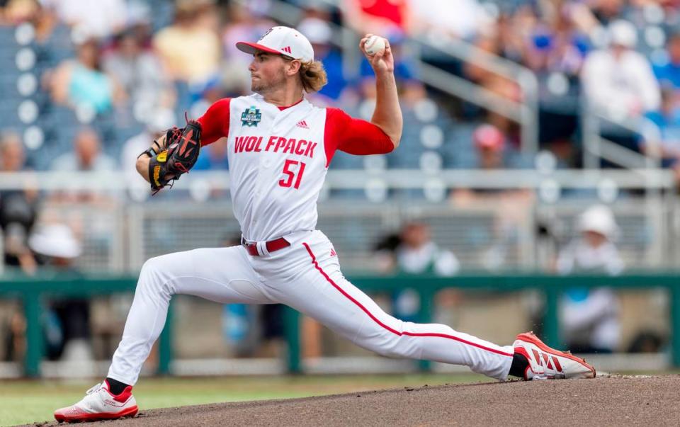 Starting pitcher Dominic Fritton (51) works from the mound in the first inning against Florida in game seven of the College World Series on Monday, June 17, 2024 at Charles Schwab Field in Omaha, Nebraska.