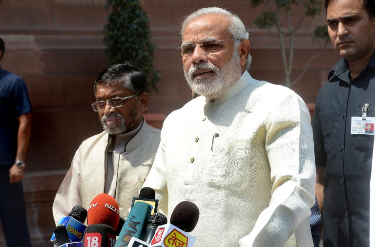 Indian Prime Minister Narendra Modi addresses the media in New Delhi on June 4, 2014