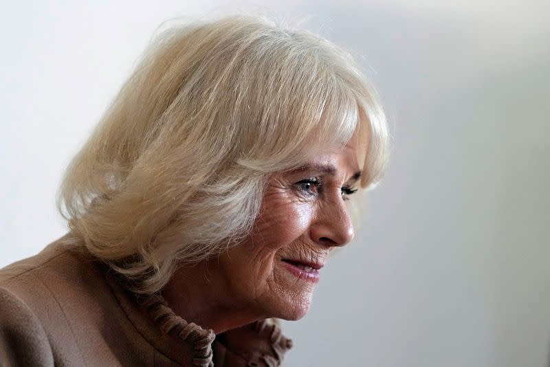 Camilla, the Queen Consort, looks on during a visit to Norbrook Community Centre, Wythenshawe, in Manchester