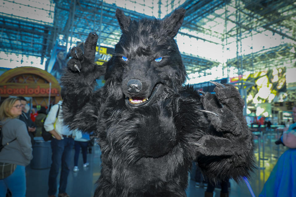 A cosplayer dressed as the werewolf from the 1980's horror film "The Howling" arrives for the third day of the 2019 New York Comic Con at the Jacob Javits Center on Oct. 5, 2019. The four-day event is the largest pop culture event on the East Coast. (Photo: Gordon Donovan/Yahoo News)