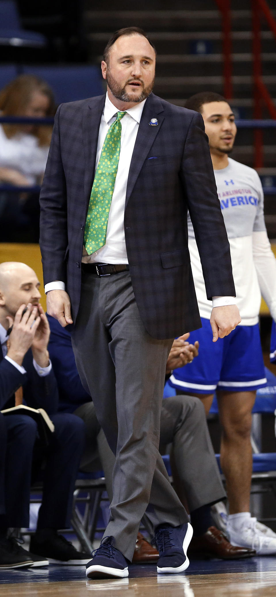 Texas-Arlington coach Chris Ogden reacts to a call during the first half of the team's NCAA college basketball game against Georgia State for the championship of the Sun Belt Conference men's tournament in New Orleans, Sunday, March 17, 2019. Georgia State won 73-64. (AP Photo/Tyler Kaufman)