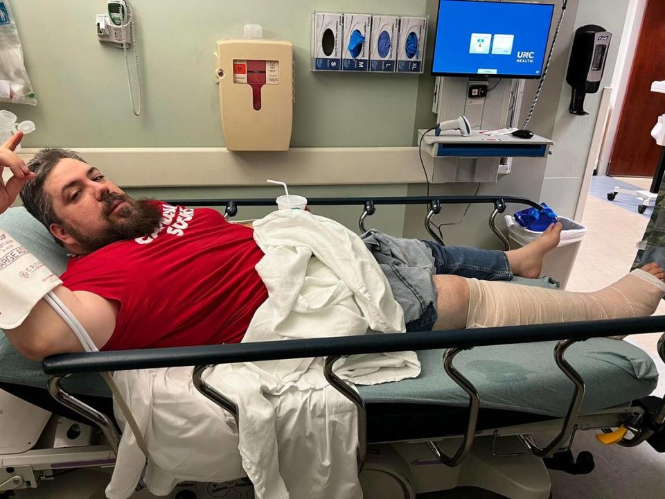 NC State fan Greg Haas, 44, broke both his tibia and fibula in his right leg while celebrating the Wolfpack’s win over UNC-Chapel Hill on Nov. 26, 2021.