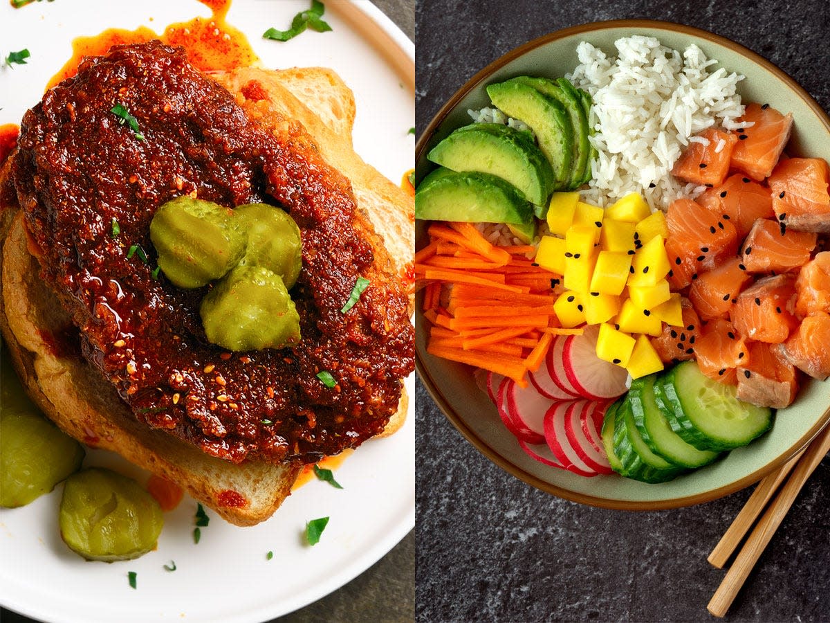 hot chicken on left, poke bowl on right