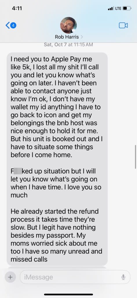 A text message where Harris allegedly asked LaBarbiera for $5,000.