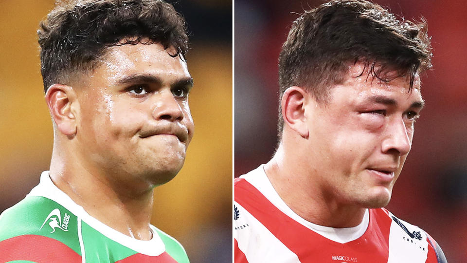 Latrell Mitchell and Joey Manu, pictured here during the Rabbitohs' win over the Roosters.