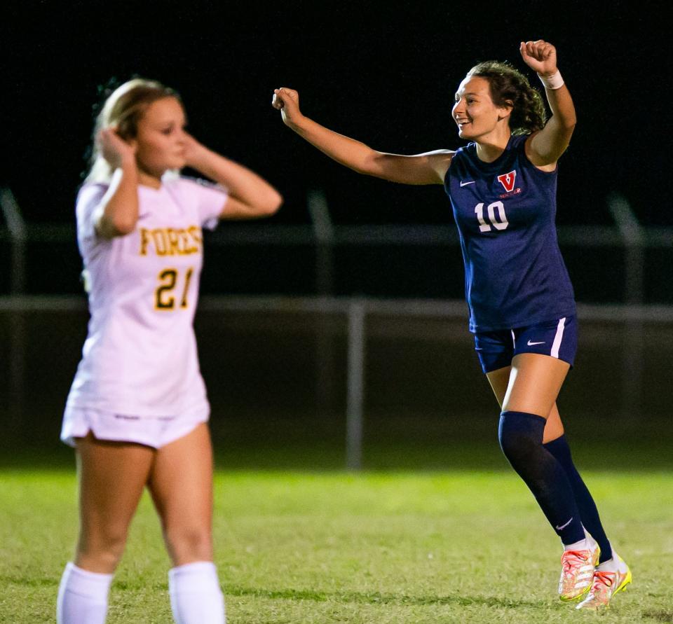 Vanguard #10 Marleigh Martinez celebrates her second and final goal of the night. Vanguard defeated Forest 2-0 in the MCIAC Soccer Final in Booster Stadium Friday night, January 14, 2022 in Ocala, FL. [Doug Engle/Ocala Star-Banner]2022

Oca 011422 Mciacgsoccerfinal