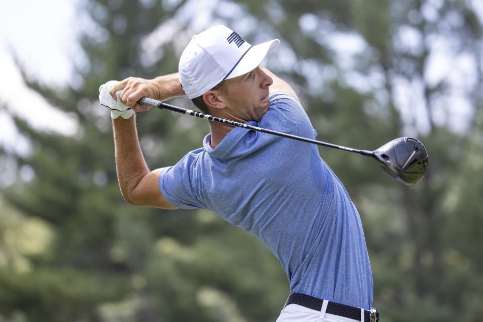 David Puig of Torque GC hits his shot from the second tee during the second round of LIV Golf tournament at The Greenbrier, Saturday, Aug. 5, 2023 in White Sulfur Springs, W.Va. (Photo by Chris Trotman/LIV Golf via AP)