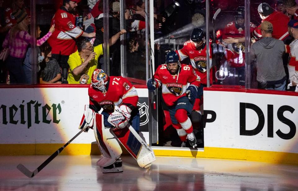 Florida Panthers goaltender Sergei Bobrovsky (72) and left wing Ryan Lomberg (94) take to the ice before play against the New York Rangers in Game 3 during the Eastern Conference finals of the NHL hockey Stanley Cup playoffs at the Amerant Bank Arena on Sunday, May 26, 2024, in Sunrise, Fla.