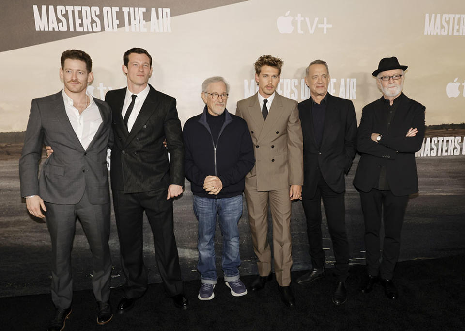 (L-R) Sawyer Spielberg, Callum Turner, Steven Spielberg, Austin Butler, Tom Hanks and Gary Goetzman attend the world premiere of Apple TV+'s "Masters Of The Air" at Regency Village Theatre on January 10, 2024 in Los Angeles, California.