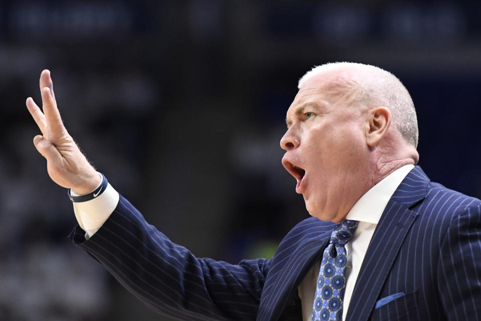Penn State coach Patrick Chambers gestures during the first half of the team's NCAA college basketball game against Michigan State, Tuesday, March 3, 2020, in State College, Pa. (AP Photo/John Beale)