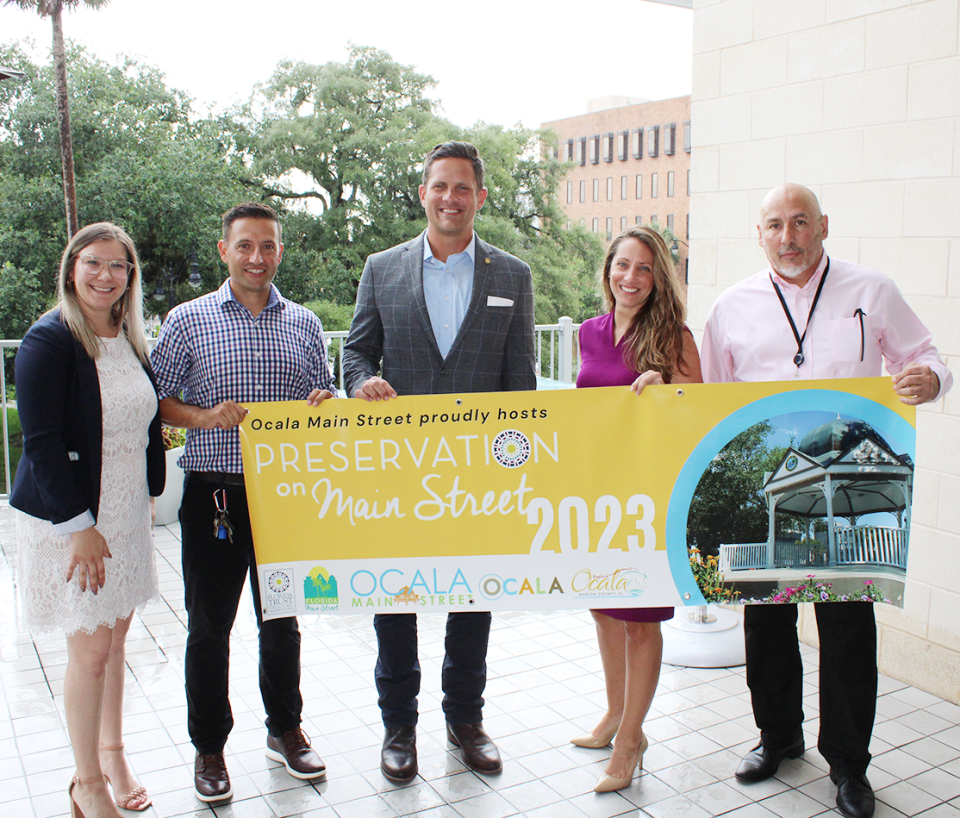 Left to right: Ocala Main Street Executive Director Jessica Fieldhouse, board President Anthony Ortiz, state Rep. Joe Harding, Ocala City Council member Kristen Dryer and Interim City Manager Pete Lee.