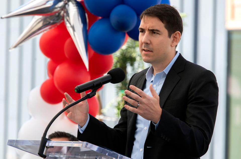 U.S. Congressman Josh Harder speaks at the ribbon cutting for the Victory Gardens veteran housing in French Camp on Thursday, Oct. 6, 2022.