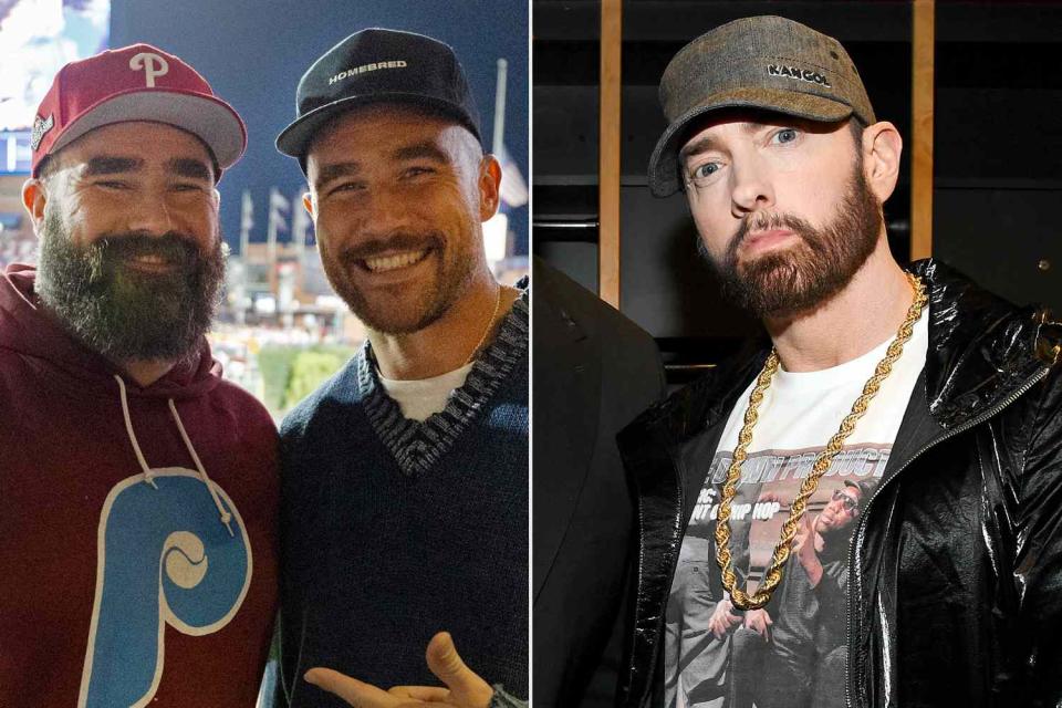 <p>Gabriella Ricciardi/MLB Photos via Getty Images; Kevin Mazur/Getty Images</p> Jason Kelce, Travis Kelce and Eminem