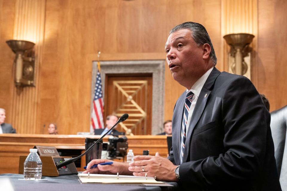 Sen. Alex Padilla, D-Calif., speaks during a Senate Homeland Security and Governmental Affairs committee hearing to examine social media's impact on homeland security, Wednesday, Sept. 14, 2022, on Capitol Hill in Washington.